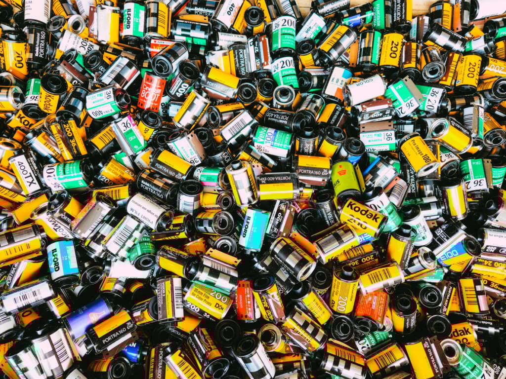 A close-up image of different rolls of camera film. 