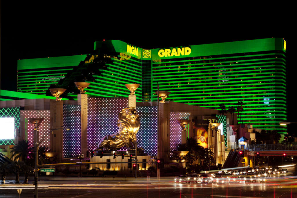 Image of the MGM Grand that's been taken from far away at nighttime. 