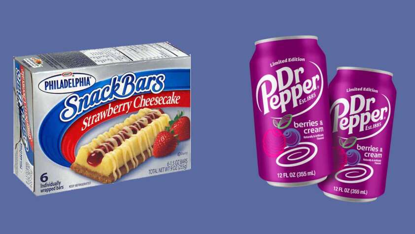 Two discontinued snacks side by side. The Philadelphia Cream Cheese and the Dr. Pepper Berries and Cream