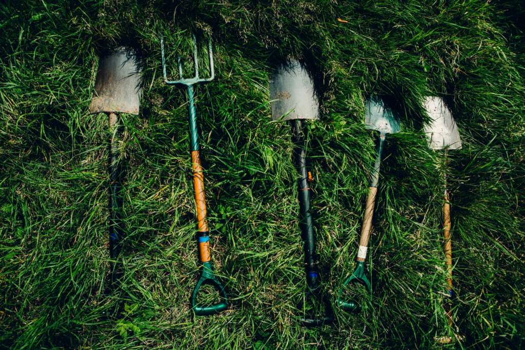 An image of different yard tools laid next to each other. 