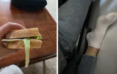 Two photos, on the left is a terrible looking sandwich from Panera, on the right is a photo of someone using someone elses arm rest on a flight to rest their foot
