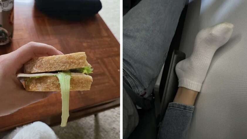 Two photos, on the left is a terrible looking sandwich from Panera, on the right is a photo of someone using someone elses arm rest on a flight to rest their foot