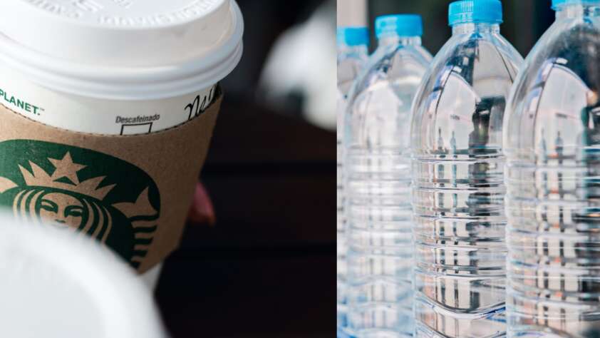 An image of bottled waters placed next to an image of a Starbucks coffee cup.