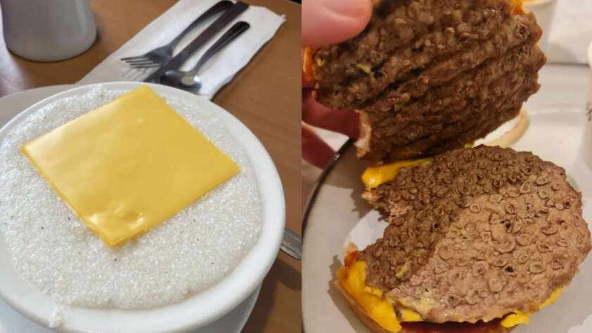 A collage of a bowl of grits with a slice of cheese on top of it, next to an image of a gross looking patty.