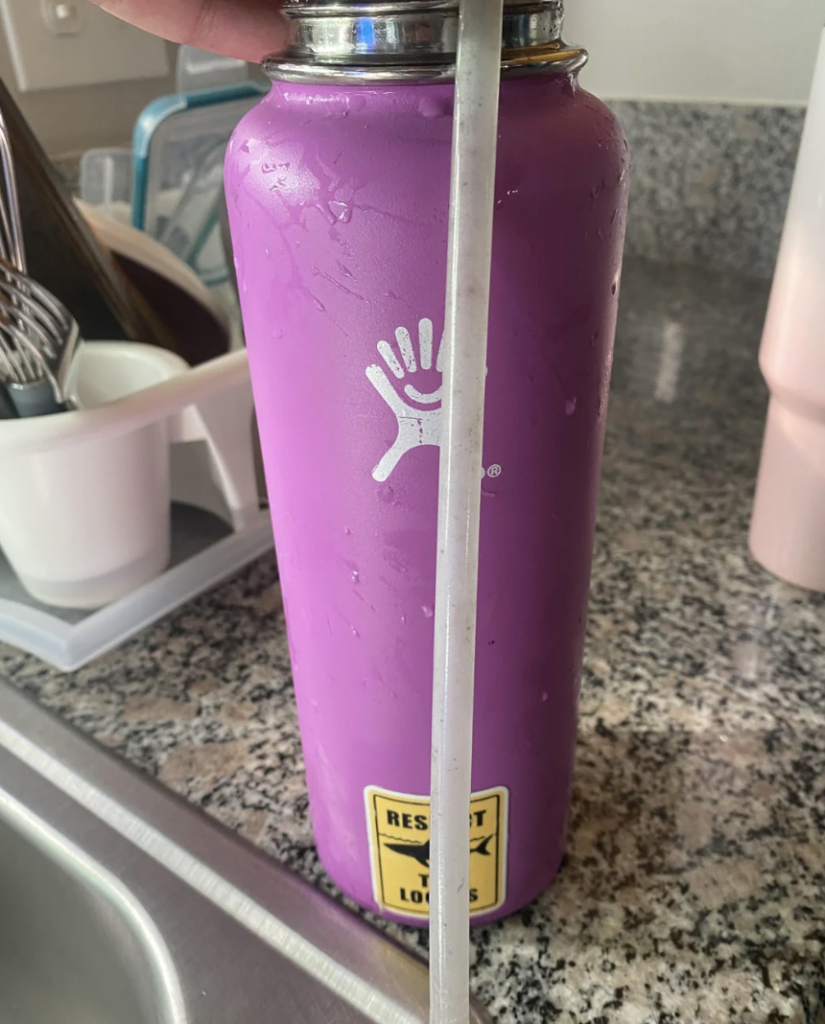 An image of a purple Hydro Flask bottle that has a moldy straw. 