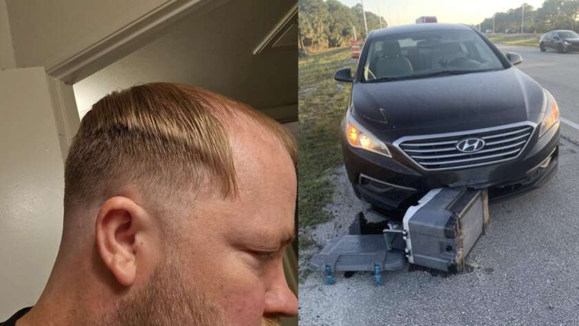 An collage of a person with a bad fade haircut and a car that ran over a cooler while on the highway in Florida.