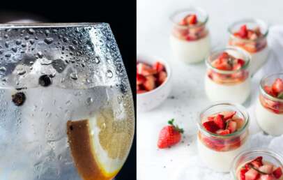 A collage of fruit yogurts next to a glass of ice water.