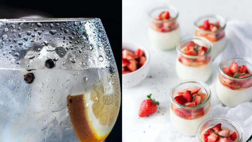 A collage of fruit yogurts next to a glass of ice water.