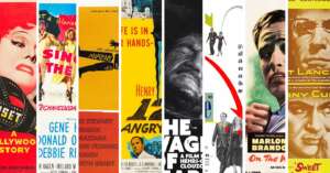 A collage of the vertical strips of movie posters from the best films of the 1950s