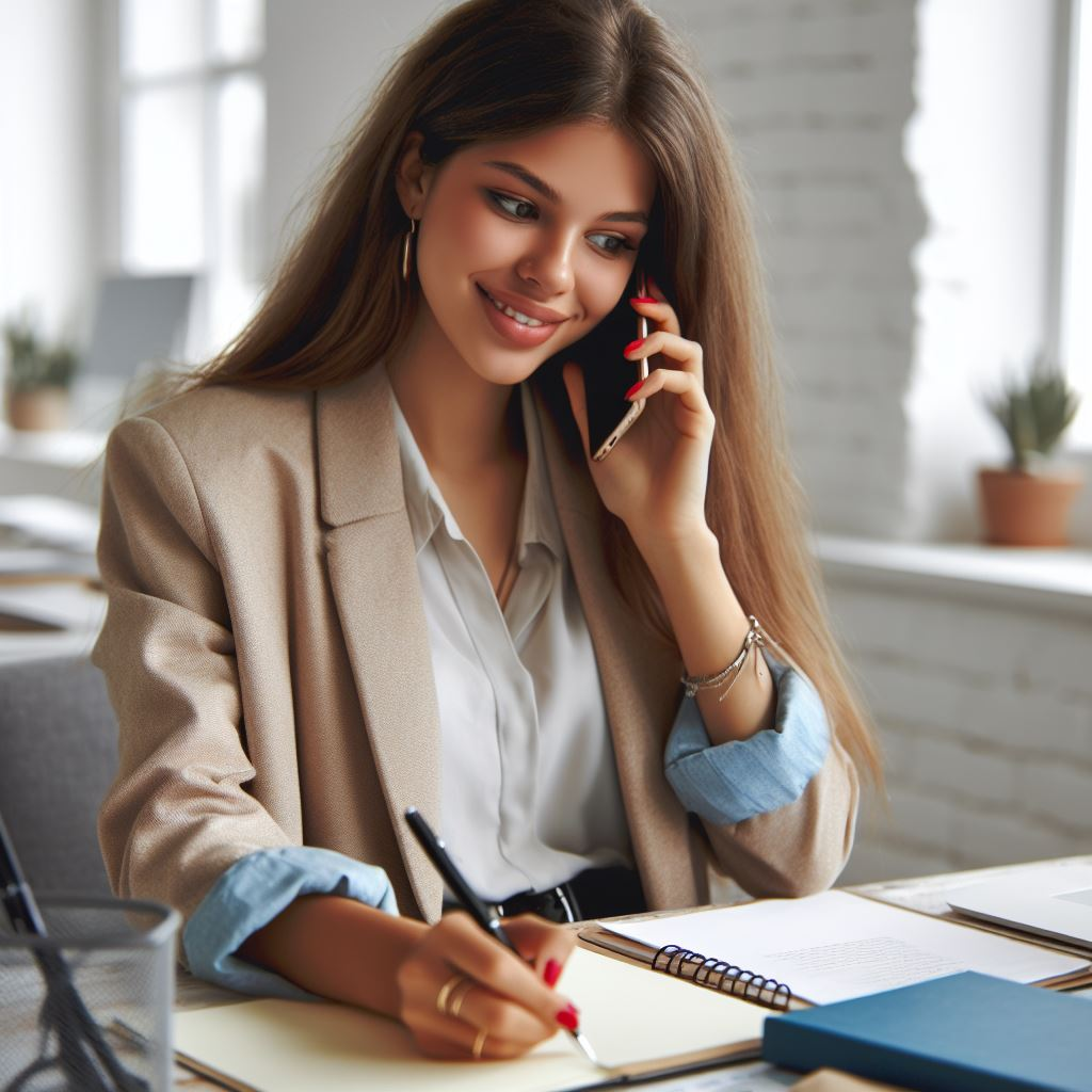 An image of a young woman talking on her phone while at her work desk. 