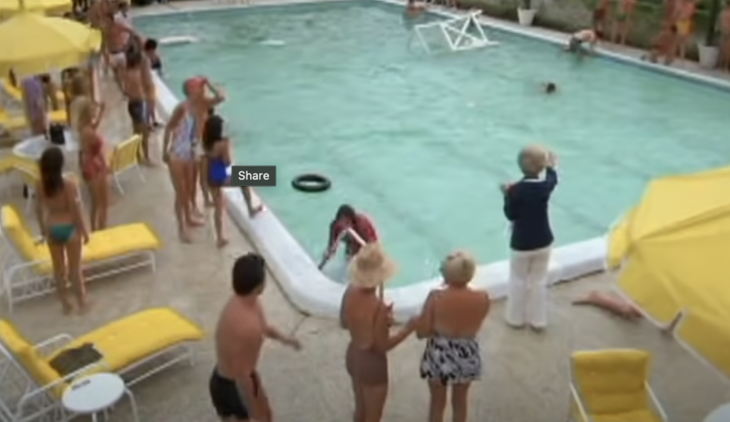 An image of a chaotic scene at the outdoor pool in Caddyshack. 