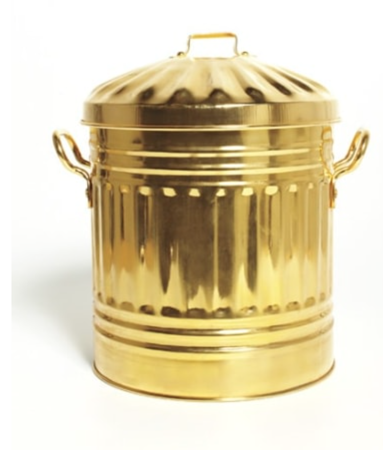 An image of a gold-plated Sylvie Fleury trash can. 