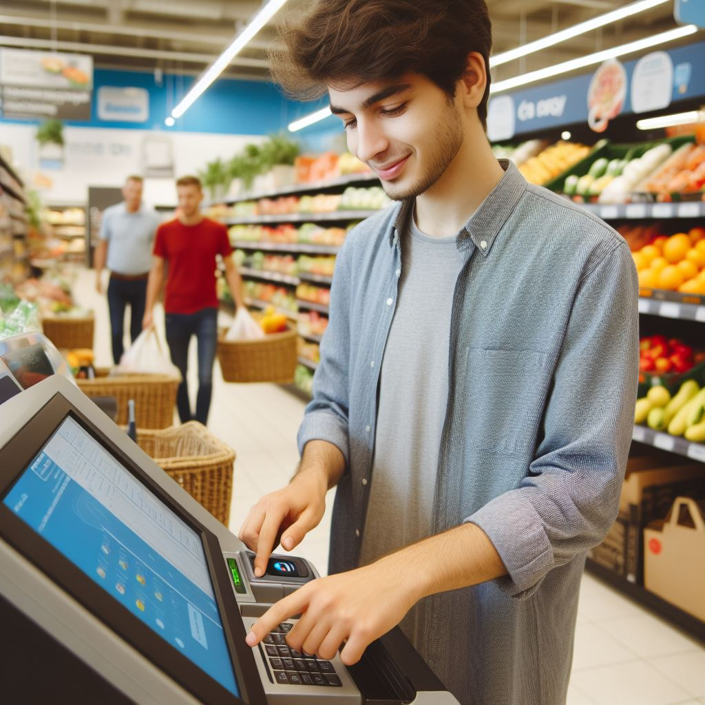 An image of a young man using the self-checkout aisle. 
