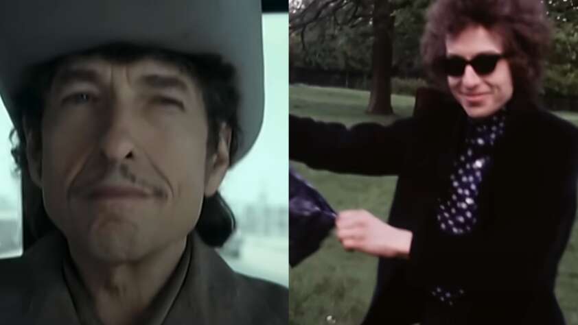 A collage of Bob Dylan in a cowboy hat next to Bob Dylan as a younger man in sunglasses.