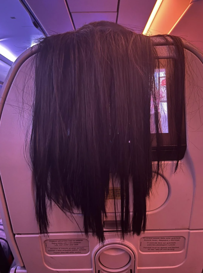 An image of someone who draped their hair over another passenger's screen. 