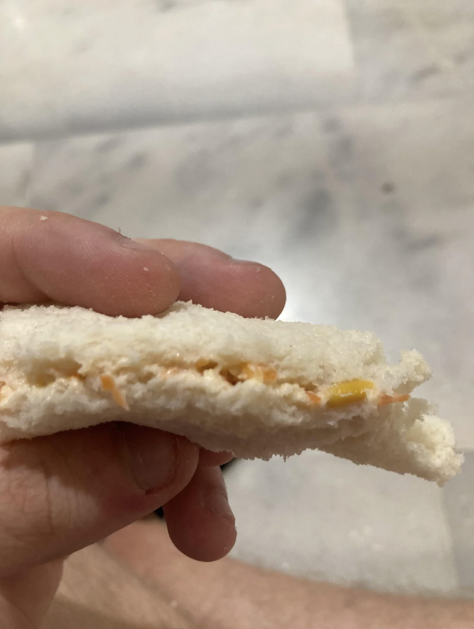 An image of a very measly airport crab sandwich. 