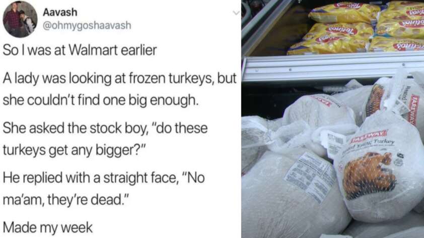 An image of a Tweet about a woman asking if dead turkeys kept growing before being bought.