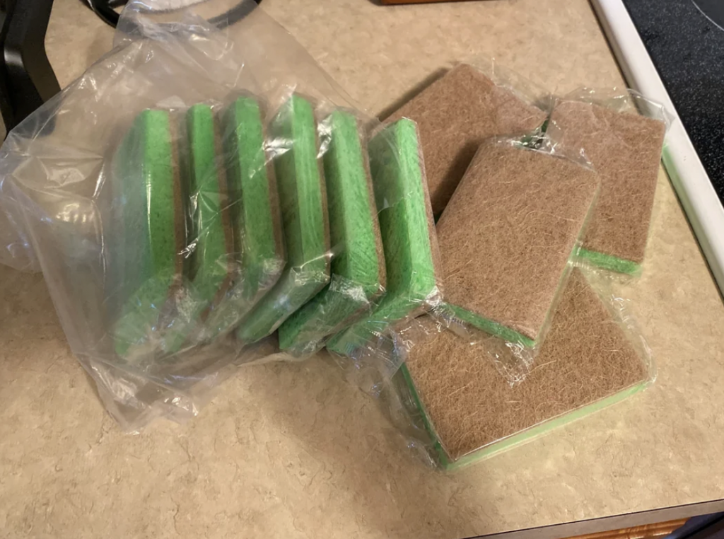 A collection of biodegradable sponges that were individually packaged. 