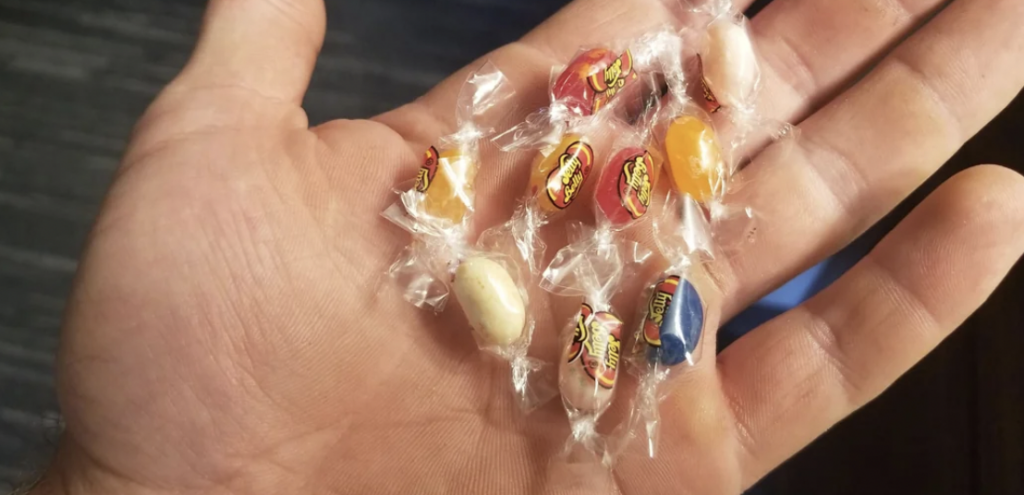 Jellybeans that have been individually wrapped. 