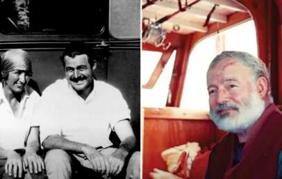 An image of a younger Ernest Hemingway next to an image of an older Ernest Hemingway in a boat.