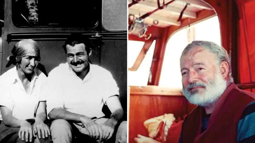 An image of a younger Ernest Hemingway next to an image of an older Ernest Hemingway in a boat.
