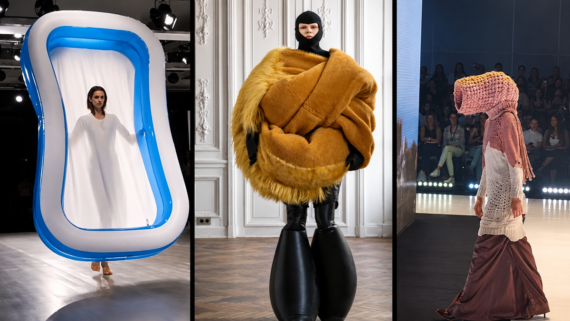 Three models walk runways in avant-garde fashion: one in an inflatable pool, one in oversized furry orange and black attire, and one in a knit headpiece and long dress. Bold lighting and dramatic poses highlight each unique look.