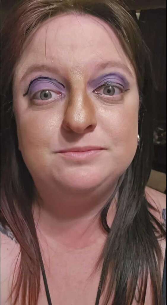 Woman with hilariously bad makeup that her husband put on her 