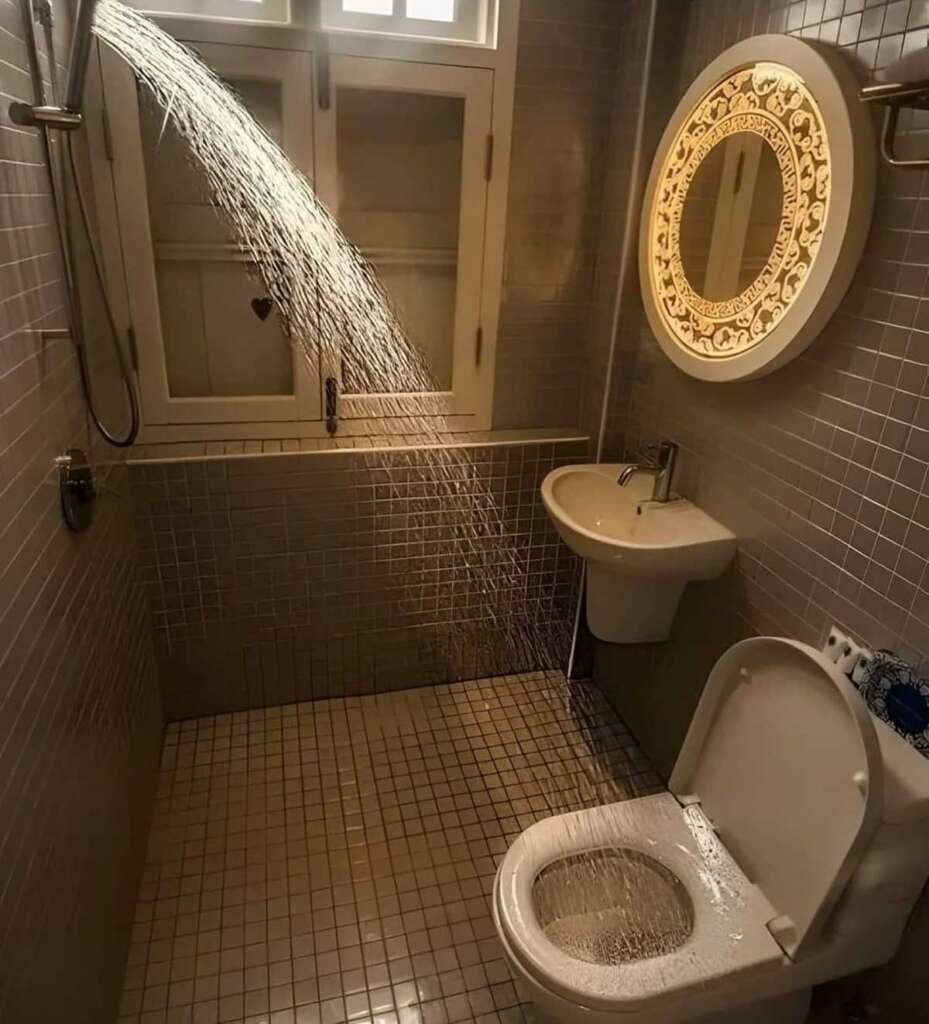 Bathroom where the shower sprays right onto the toilet