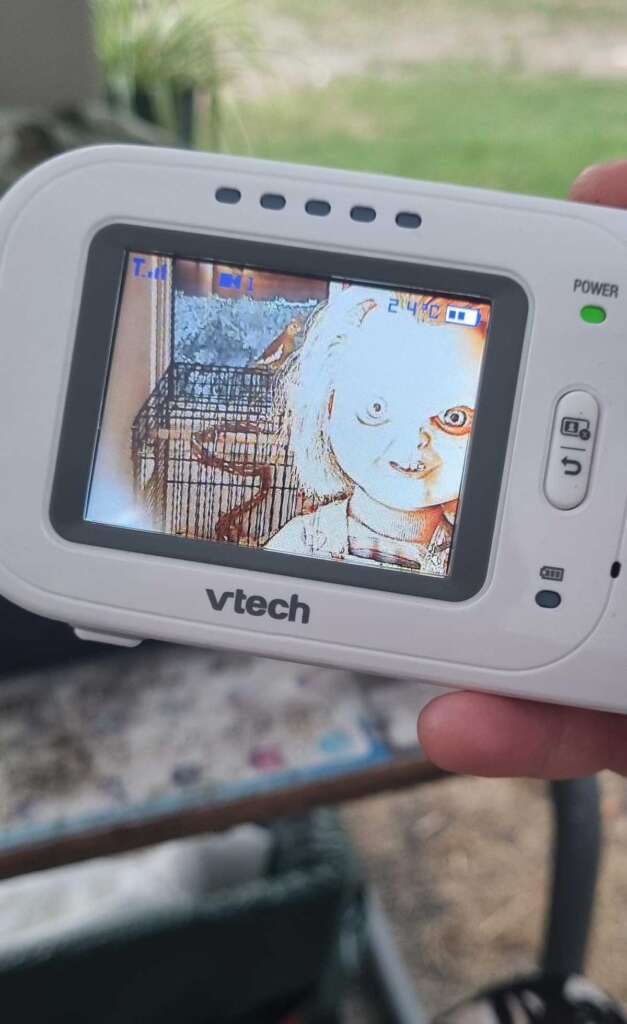 A baby monitor with chucky in the foreground
