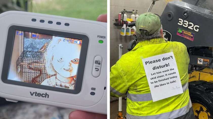 Chucky doll on a baby monitor and a man with a sign on his back telling people not to talk to him