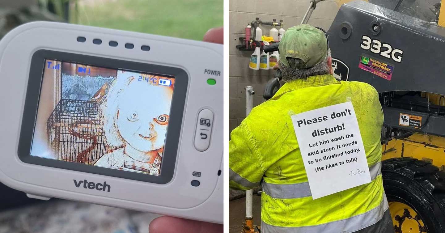 Chucky doll on a baby monitor and a man with a sign on his back telling people not to talk to him
