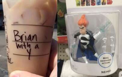 An image of a Starbucks cup with name misspelling next to an image of a Syndrome action figure in a Finding Nemo toy box.