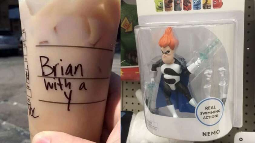 An image of a Starbucks cup with name misspelling next to an image of a Syndrome action figure in a Finding Nemo toy box.