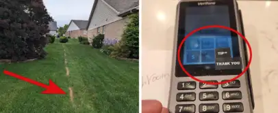 Left side: A well-maintained lawn with a single, narrow dead grass line extending down its center. An arrow points to the line. Right side: A close-up of a digital payment terminal screen displaying a tipping option, encircled in red.