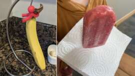 A collage of someone who used a towel to catch popsicle droplets and someone who used a spoon holder for their banana.