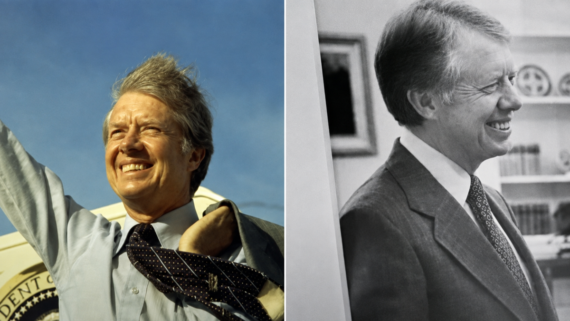 jimmy carter. Side-by-side photos of a man in a suit. Left: He waves and smiles outdoors. Right: Black-and-white image of him smiling indoors near a framed photo and shelves.