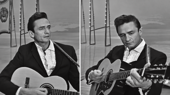 Two black-and-white photos show a man in a suit playing an acoustic guitar on stage. The man has dark hair and a serious expression, with a decorative backdrop behind him.