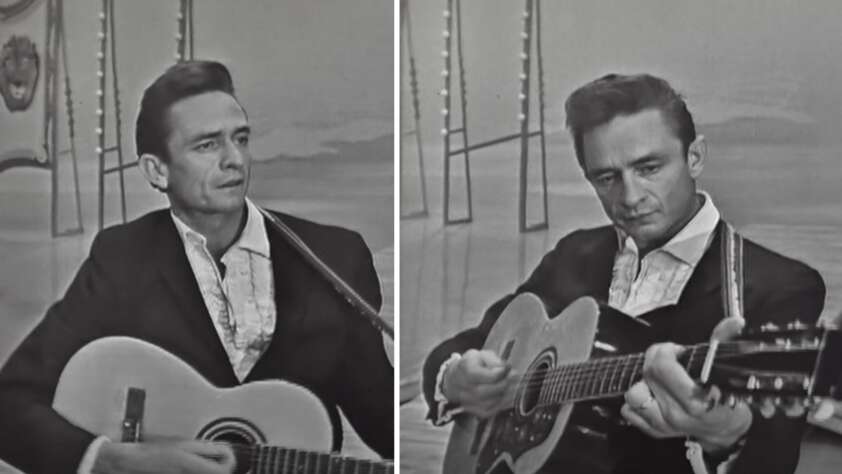 Johnny Cash playing on live TV in black and white.