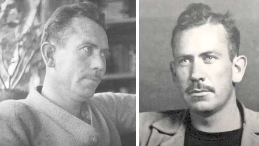 A couple of black and white portrait images of John Steinbeck when he was younger.