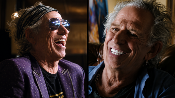 Split image of an older man with gray hair wearing sunglasses and a beanie on the left, laughing, and on the right, smiling indoors in casual clothing with colorful artwork in the background.