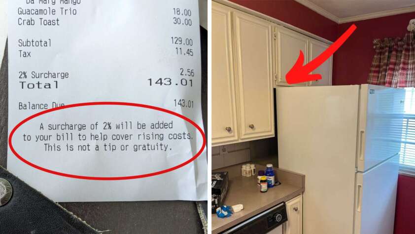 A receipt with a 2 percentage surcharge for inflation and a new refrigerator that won't fit