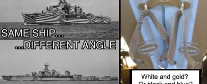 Two black and white images of the same ship with a striped camouflage pattern are on the left. On the right, a photograph of an adjustable strap with an attached text box asks, "White and gold? Or black and blue?" The text on the left reads "Same ship... Different angle.