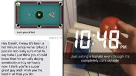 Left: A pool game screen with a text message below it, "Hey Daniel, I know it's been a hot minute since we've talked, I am just not..." Right: A Snapchat photo of a hand holding a tomato near a window, with the text overlay "Just eating a tomato even though it&rsquo;s completely dark outside." and "+ 10:48 PM.