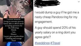 A split image: Left side shows a person with pink nail polish holding up their hand, accompanied by text about current economic struggles. Right side shows a tweet stating disdain for a cheap Pandora engagement ring and suggesting a man should spend 20% of his salary on a ring.