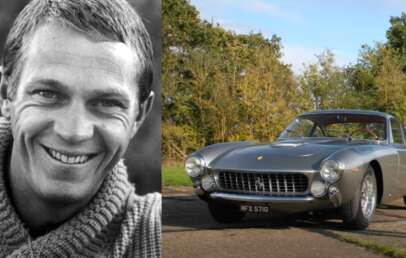 A collage of Steve McQueen headshot and one of his favorite cars to drive.