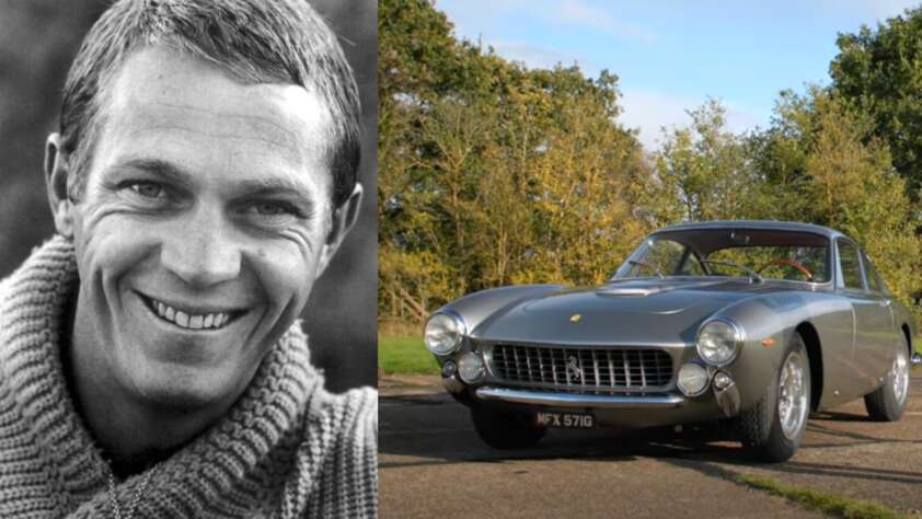 A collage of Steve McQueen headshot and one of his favorite cars to drive.