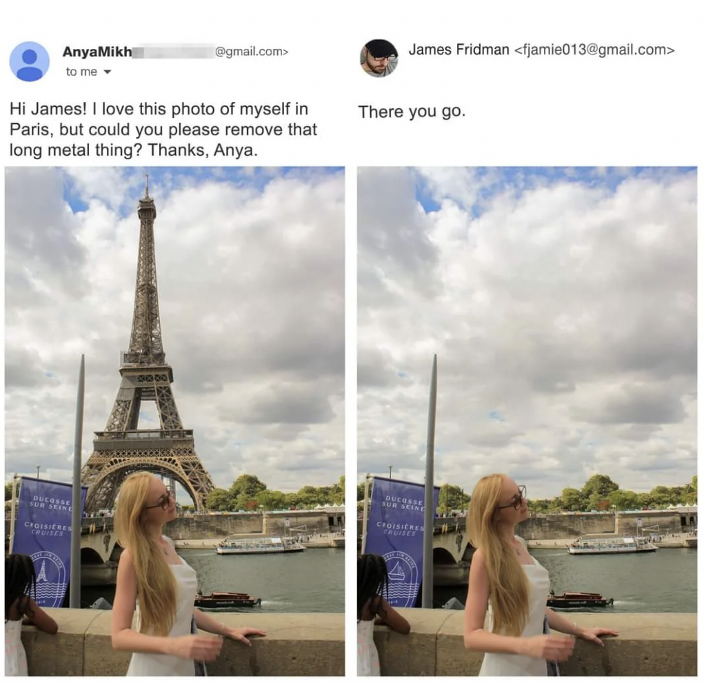 A photoshop trolling act by James Fridman of the Eiffel Tower. 