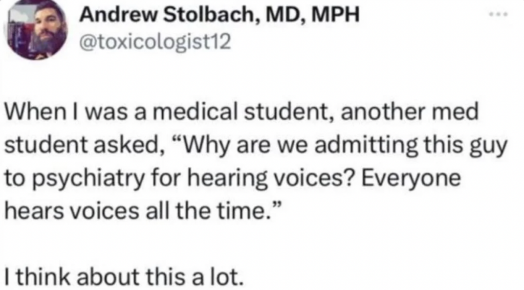 A tweet from a medical student about a hearing voices joke. 