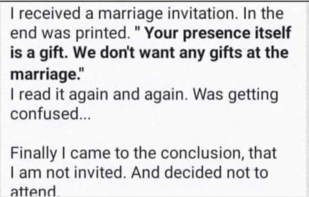 A rude wedding non-invitation. 