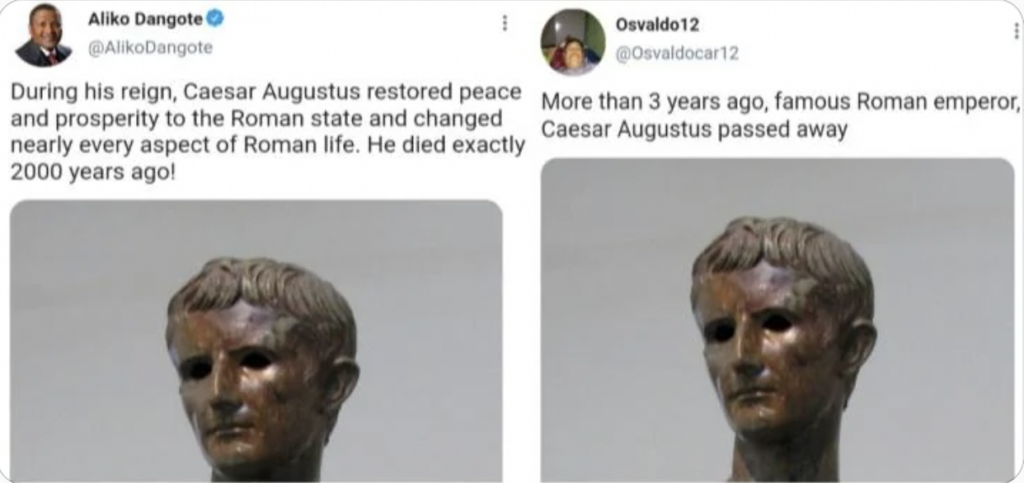A couple of tweets making fun of the exact date that Caesar Augustus passed away. 